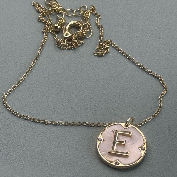 Gold Tone Initial " E " Rhinestone Medallion Pendant Necklace - Picture 3 of 7
